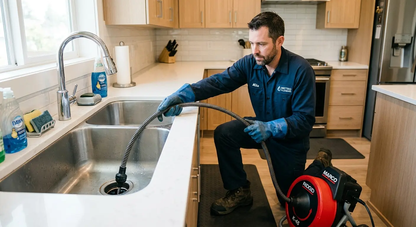 Drain cleaning technician using a motorized snake on a kitchen sink in Durant