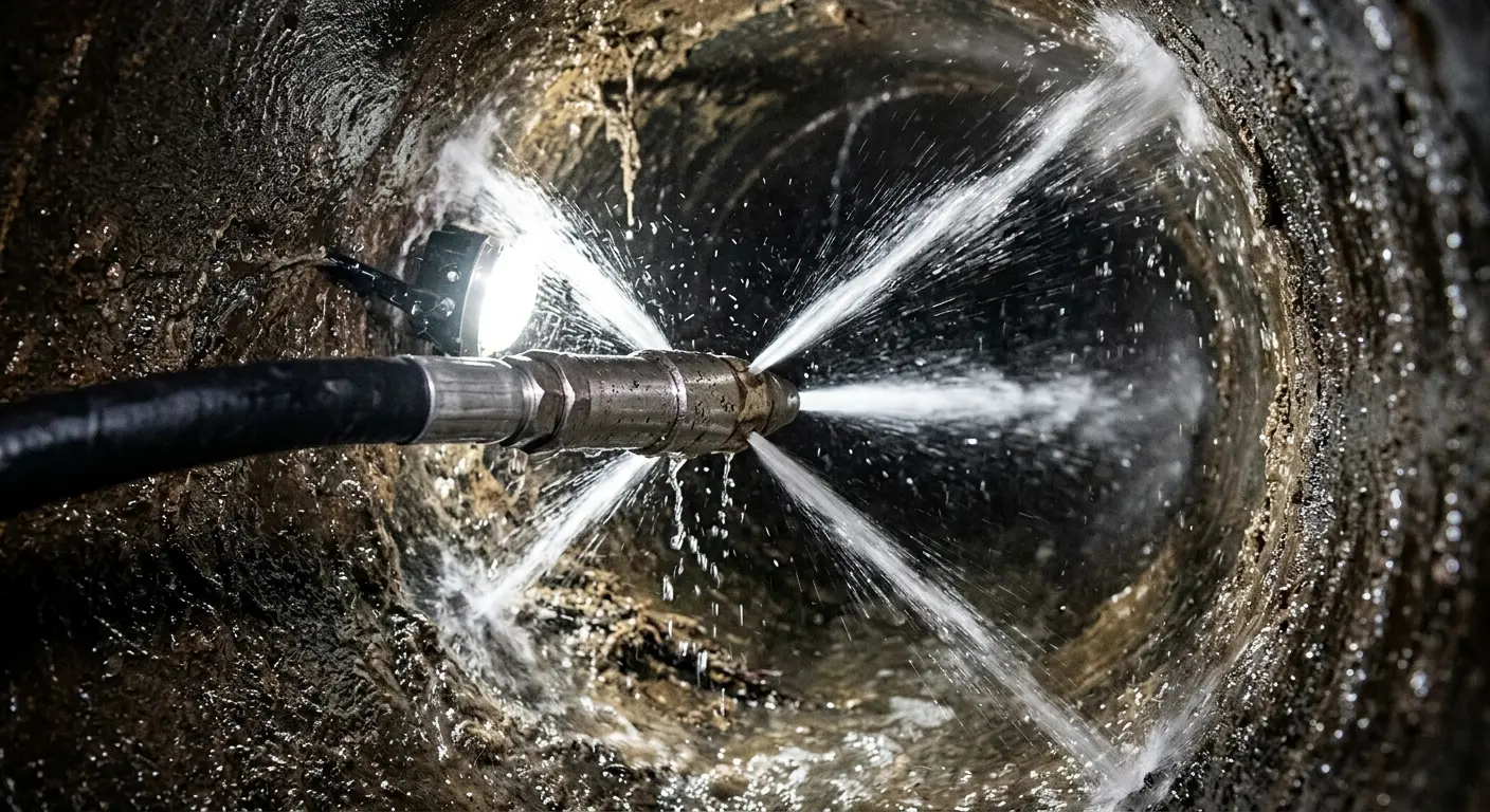 High-pressure hydro jetting nozzle cleaning sewer pipe for Emergency Drain Service in Durant