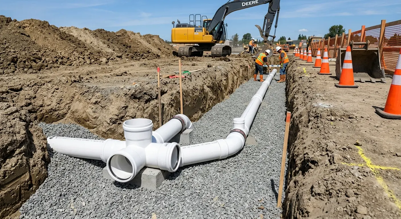 New PVC sewer pipe installation in open trench for Sewer Backup in Durant