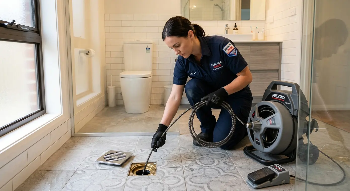 Technician clearing a bathroom floor drain for Hydro Jetting in Durant